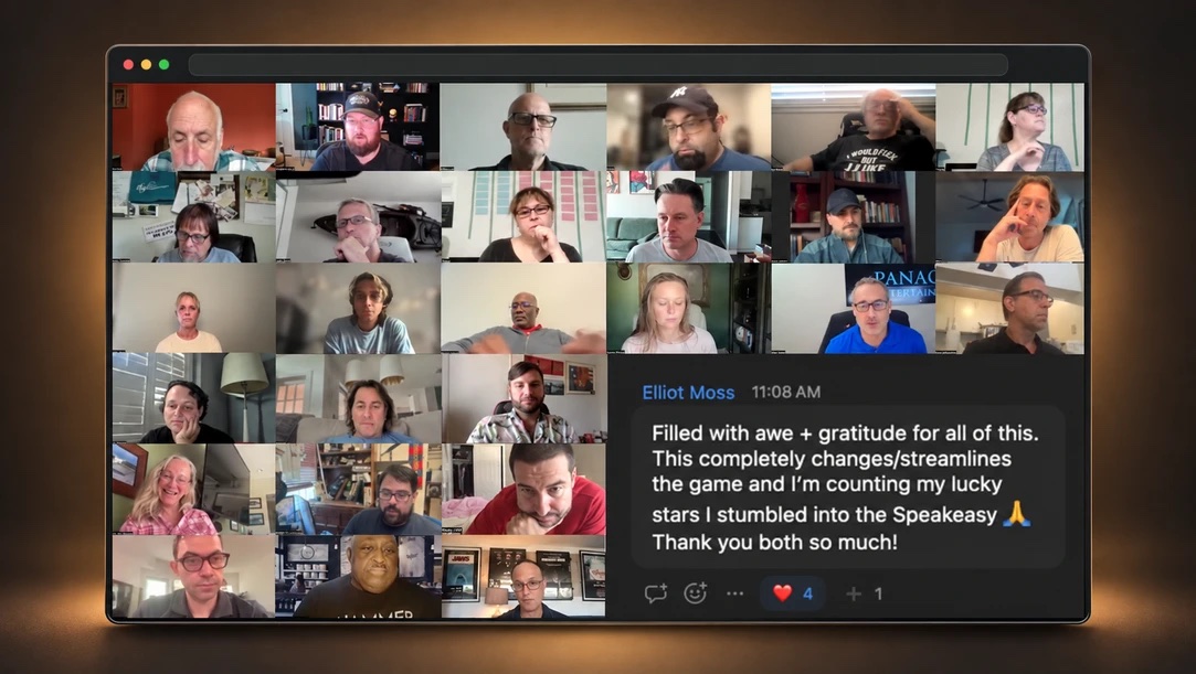 A Script Request Challenge session on screen, members gathered on a video call