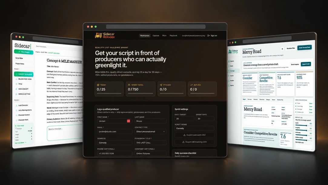 Sidecar Brainstorm, Rolodex and Coverage open across three browser windows