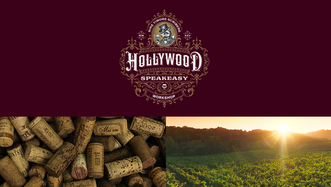 Wine Country Workshops: corks and a vineyard at sunset